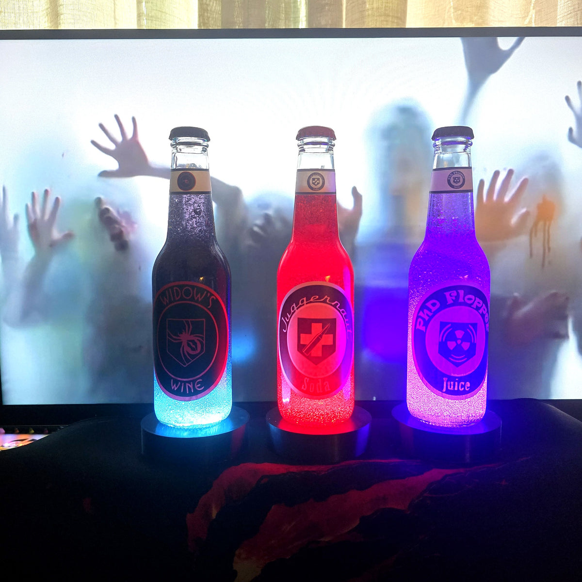 Perk-a-Cola collectible bottles bundle Call of Duty Zombies with LED illuminated stands