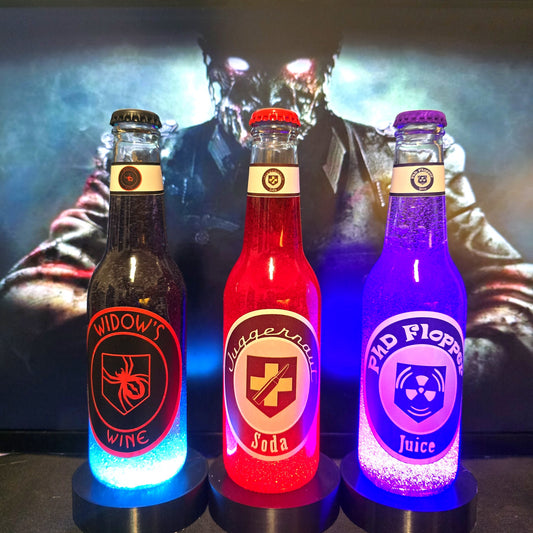 Perk-a-Cola Zombies bottle collection gaming room shelf decor LED stand