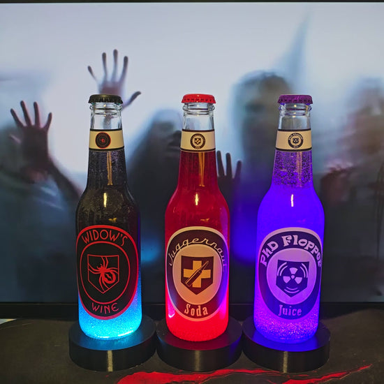 COD Zombies Perk Bottles collectible display set – hand-crafted replica perk bottles from Call of Duty Zombies, vibrant solid compound fill, LED base included